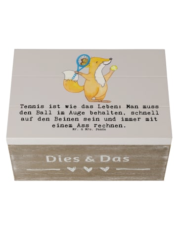 Mr. & Mrs. Panda Holzkiste Tennis Lebensweisheit mit Spruch in Grau Pastell
