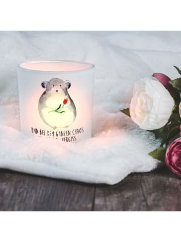 Mr. & Mrs. Panda Glas Teelichthalter Chinchilla Blume mit Spruch in Transparent