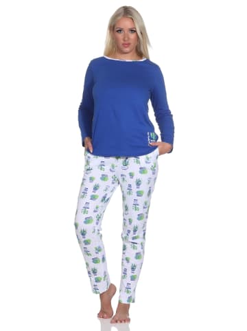 NORMANN Schlafanzug Lang Oberteil uni Kaktus Hose allover - 78652 in blau