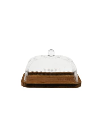Mulex Butterdose mit Glasdeckel & Holzplatte - 16 x 10 x 10 cm in Braun/Transparent