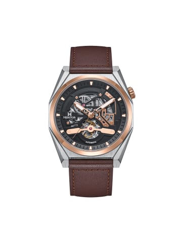 Heritor Amadeus Halbskelett-Uhr mit Lederarmband in Rose Gold/Brown
