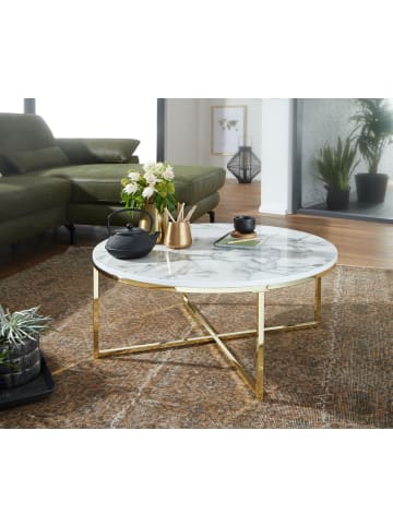 KADIMA DESIGN Runder Couchtisch in Marmor-Optik, 80 cm Durchmesser, Hochglanz in Weiß