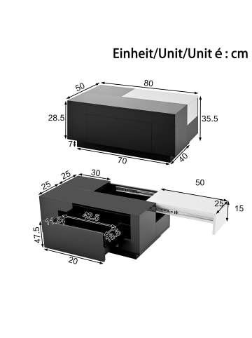 ABRIHOME Ausziehbarer Couchtisch mit LED einstellbarem Lichtband und Stauraum, Schwarz