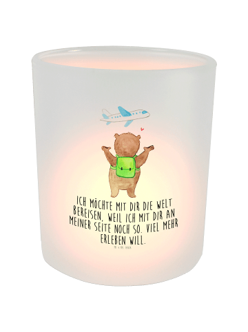 Mr. & Mrs. Panda Windlicht Glas Bär Flugzeug mit Spruch in Transparent