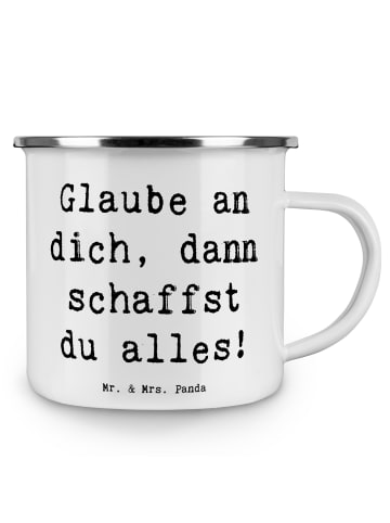Mr. & Mrs. Panda Emaille Tasse Spruch Angst überwinden mit Spruch in Weiß
