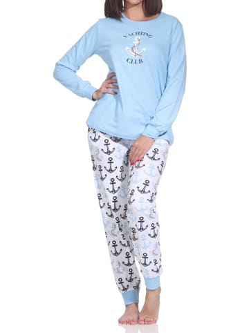 NORMANN Langarm Pyjama Schlafanzug Bündchen Maritimer Look in hellblau