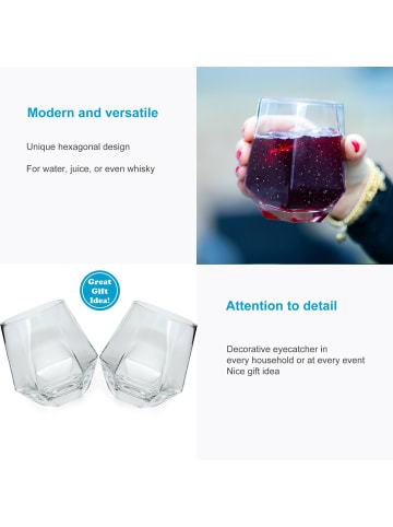 Intirilife Trinkglas Set im Hexagon Design 240 ml Wasser Saft Glas in 4x 240 ml Transparent
