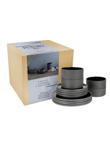CreaTable Futuro Black, 12-teiliges Geschirrset, Teller Set aus Steinzeug in Schwarz in Schwarz