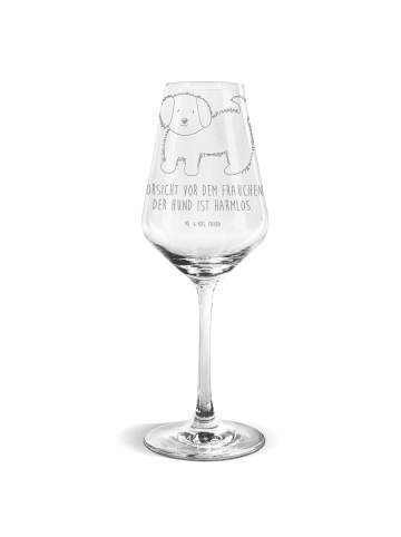 Mr. & Mrs. Panda Weißwein Glas Hund Flauschig mit Spruch in Transparent