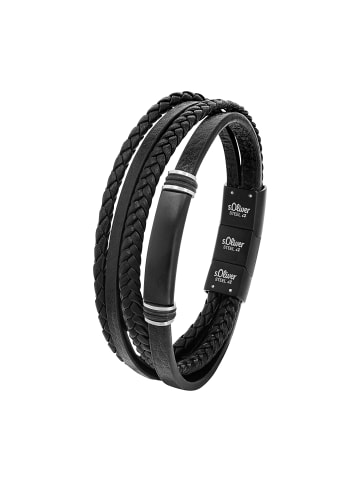 s.Oliver Armband Edelstahl, IP Schwarz, Leder in Schwarz