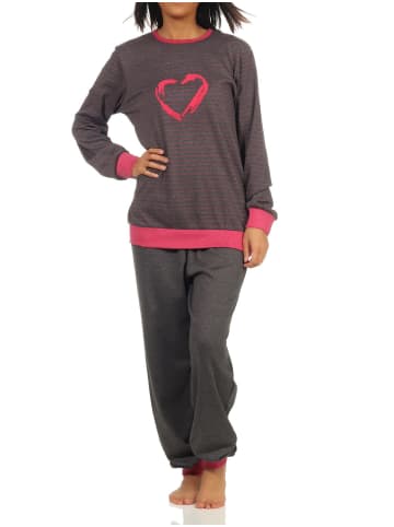 NORMANN Pyjama langarm Bündchen und Herz Streifen - 58327 in anthrazit