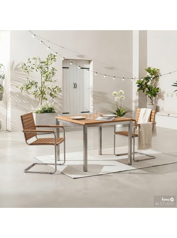 home24 home24 Essgruppe 3-teilig - Teak massiv / Edelstahl - Braun / Silber - 90 x 75 x 90 cm in Braun / Silber