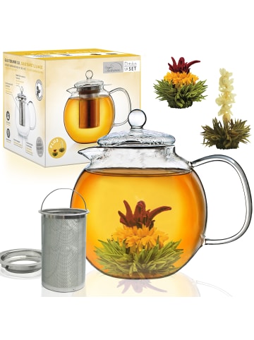 Creano Teekannen-Geschenkset 1x Teekanne 1.3l inkl. 2 Teeblumen Grüner + Weißer Tee