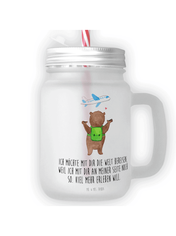 Mr. & Mrs. Panda Trinkglas Mason Jar Bär Flugzeug mit Spruch in Transparent