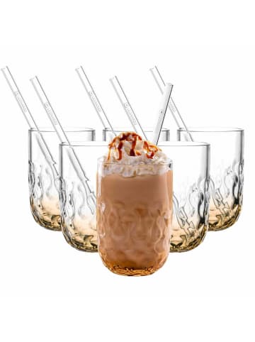 LEONARDO 6er Set Caramel Macchiato Gläser mit Glastrinkhalm (2) Gocce 390 ml in apricot