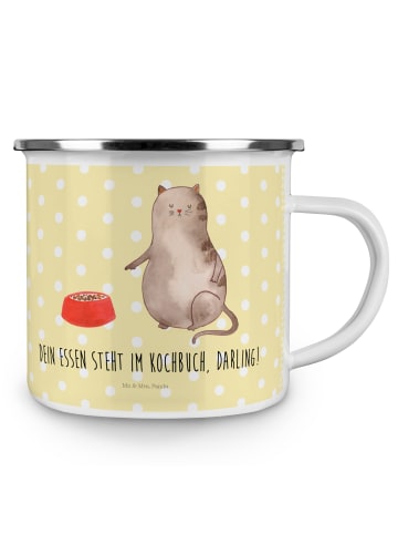 Mr. & Mrs. Panda Camping Emaille Tasse Katze Fressen mit Spruch in Gelb Pastell