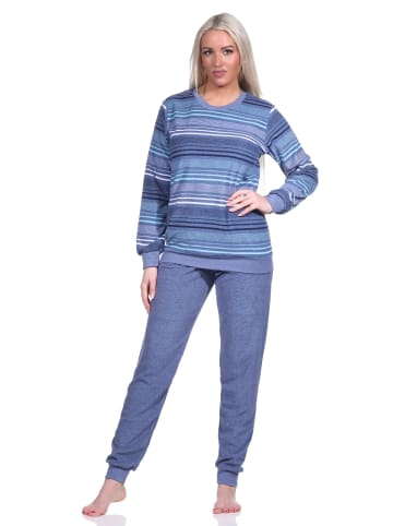 NORMANN Frottee Schlafanzug Bündchen  Streifendesign - 75856 in blau-melange