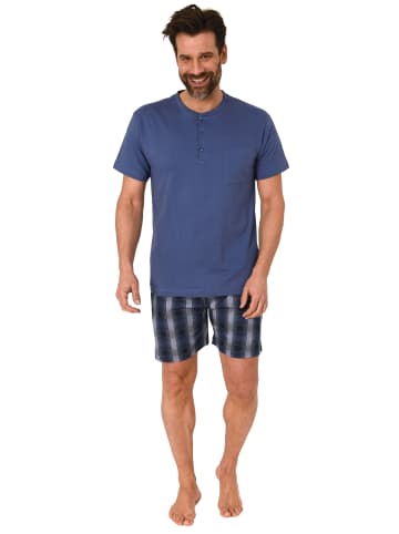 NORMANN Kurzarm Schlafanzug Shorty karierter Jersey Hose - 78363 in marine