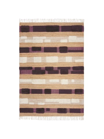 KADIMA DESIGN Teppich Hoch-Tief Struktur Gestreift, Patchwork-Optik, Fransen in Natur-Lila
