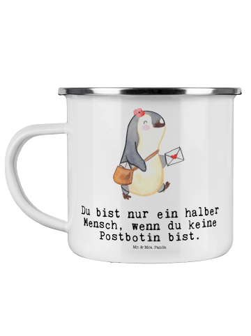 Mr. & Mrs. Panda Camping Emaille Tasse Postbotin Herz mit Spruch in Weiß