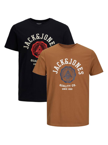 Jack & Jones 2-er Stück Pack Logo T-Shirts Rundhals Shirt JJELOGO in Schwarz-Orange