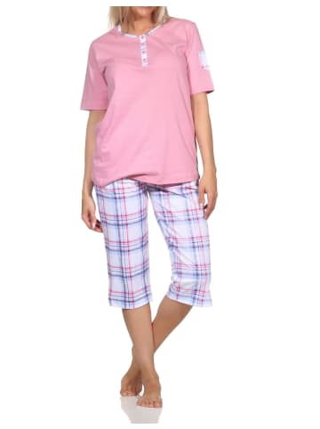 NORMANN Schlafanzug kurzarm Pyjama karierter Capri Hose Jersey - 84996 in rosa