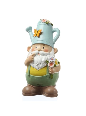 MARELIDA Gartenzwerg mit Gießkannen-Mütze Gartenfigur mit Blumenstrauß H: 24,5cm