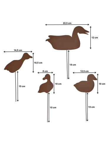 UNUS 4er Set Gartenstecker Rost Enten in Braun