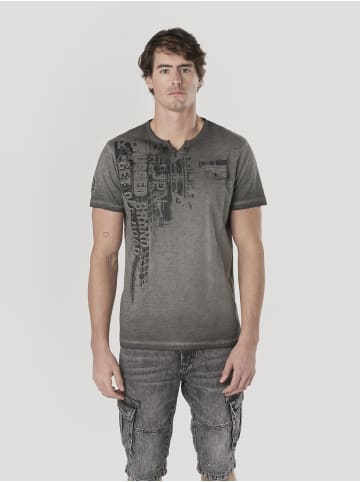 KOROSHI Henley cotton print-emb washed t-shirt in grau
