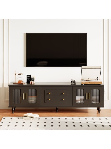 ABRIHOME Retro TV-Schrank in Schwarz – Goldgriffe, Stauraum & Glastür