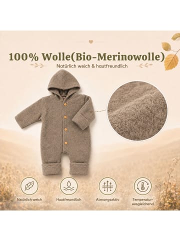 Kinderhaus Blaubär Baby-Overall mit Kapuze, Holzknöpfen & Mulltuch Blaubaer in Walnuss Melange