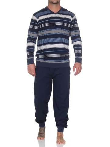 NORMANN Langarm Schlafanzug Pyjama Bündchen Streifen auch in Übergröße in marine