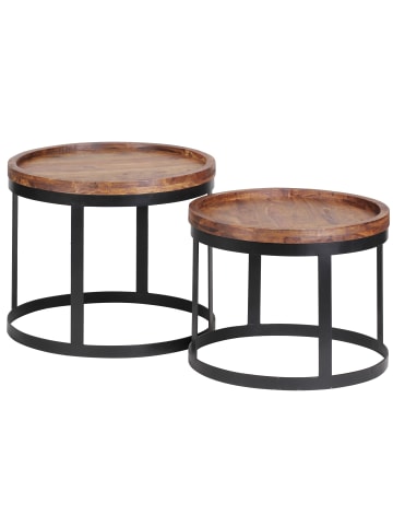 KADIMA DESIGN Beistelltisch-Set, 2er Set, runde Tischplatten, Metallgestell, Massivholz in Braun