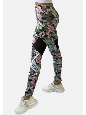 Holala Yoga Leggings Stretch High Waist Hose Mesh Blumen Print in Grau