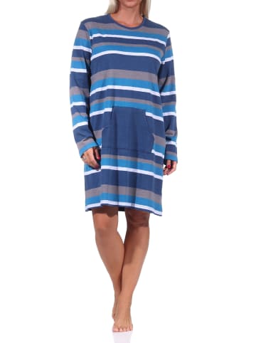 NORMANN Kuschel interlock Nachthemd Streifen und aufgesetzter Tasche - 69908 in blau