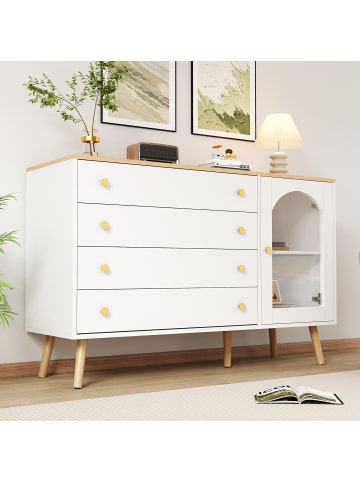 ABRIHOME Sideboard 4 breite Schubladen Kommode in Weiß/Braun
