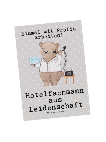Mr. & Mrs. Panda Postkarte Hotelfachmann Leidenschaft mit Spruch in Grau Pastell