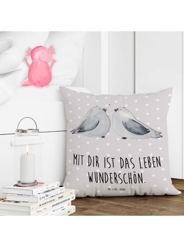 Mr. & Mrs. Panda Kissen Turteltauben Liebe mit Spruch in Grau Pastell