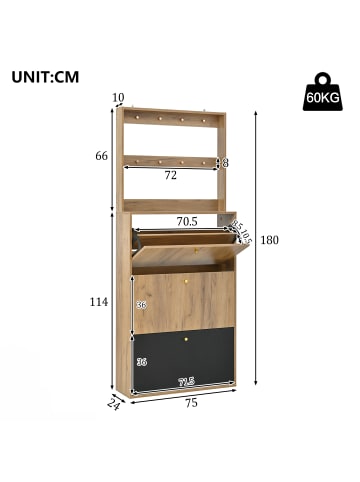 ABRIHOME Schuhschrank in Natur Schwarz 75x24x180 cm mit Haken 3 Klappfächern