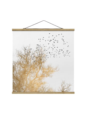 WALLART Stoffbild - Vogelschwarm vor goldenem Baum in Gold