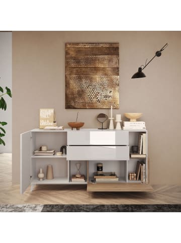 CALICOSY Sideboard MONACO in Weißer Lack / Eiche - (W) 181  x (H) 94  x (L) 43  cm