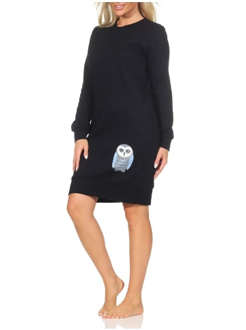 NORMANN Interlock Nachthemd langarm Bündchen Tiermotiv - 87716 in schwarz
