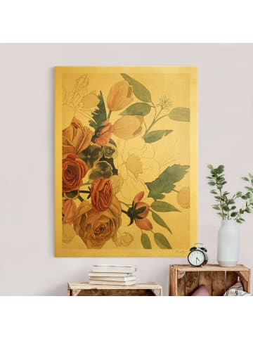 WALLART Leinwandbild Gold - Zeichnung Blumenbouquet in Rot und Sepia II in Rot