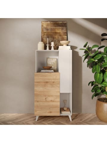 CALICOSY Sideboard MONACO in Weißer Lack / Eiche - (W) 80 x (H) 155 x (L) 43 cm
