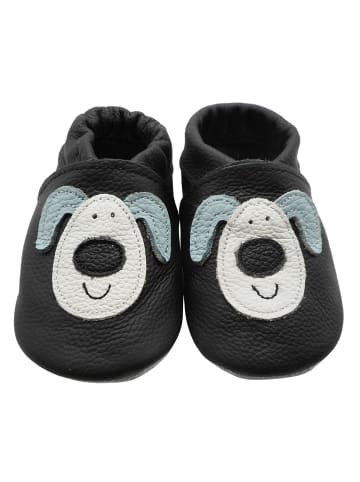 Yihakids Schwarze Baby Leder Krabbelschuhe, mit rutschfester Sohle – Hund-Muster