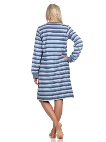 NORMANN Frottee Nachthemd langarm Bündchen Streifenoptik - 88969 in blau