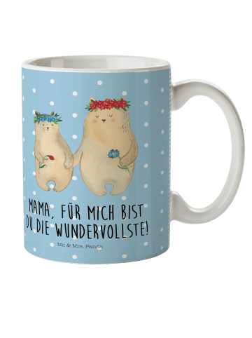 Mr. & Mrs. Panda Trinkbecher Bären mit Blumenkranz mit Spruch in Blau Pastell