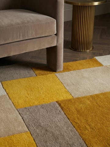 KADIMA DESIGN Wollteppich handgetuftet, geometrisch, rutschfest, Teppich Wolle in Senfgelb