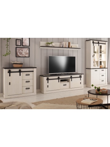 Furn.Design Wohnwand weiß Pinie, anthrazit Landhaus, Wohnkombination 4-teilig 388 cm