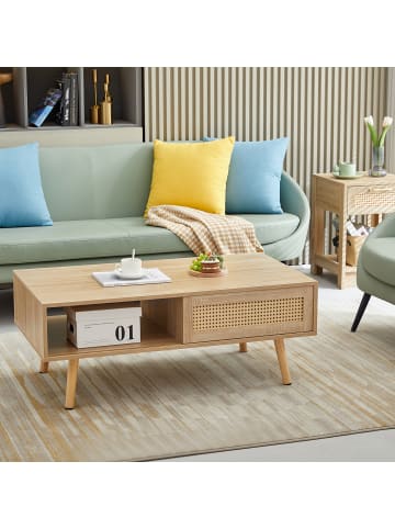 ABRIHOME Couchtisch in Natur 105x55x40 cm mit Korbgeflecht Schiebetüren Massivholzbeinen